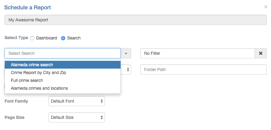 Skedler v1.3 - Select report type as searches in schedule a report window
